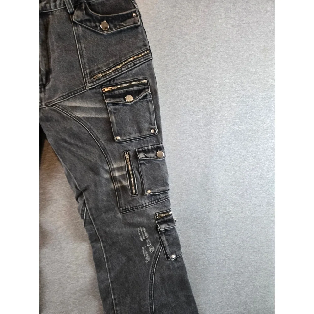 Insain Worldwide Cargo Jeans Mens L 34W Washed Black Streetwear Distressed Flare